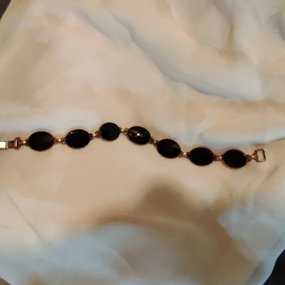 Antique oval Black Onyx Sterling+1/20 14kt Genuine gold filled bracelet 8"  50's - Picture 9 of 17